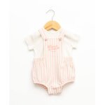 Ensemble salopette + haut 100% coton b�b� fille fond naturel raye rose