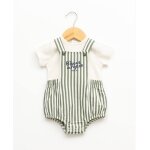 Ensemble salopette + haut 100% coton b�b� gar�on fond naturel raye kaki