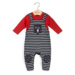 Ensemble salopette + haut 100% coton b�b� gar�on marine raye naturel