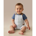 Ensemble salopette + haut 100% coton b�b� gar�on raye blanc / bleu