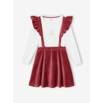 Ensemble t - shirt et jupe en velours  bretelles volantes fille prune