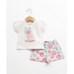 Ensemble short + haut 100% coton b�b� fille imprime rose fond blanc casse