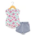 Ensemble short + haut 100% coton b�b� fille imprime rose fond blanc casse