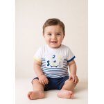 Ensemble short + haut 100% coton b�b� gar�on fond naturel raye bleu