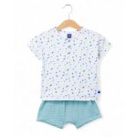 Ensemble short + haut 100% coton b�b� gar�on imprime bleu fond blanc casse