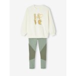 Ensemble sport fille sweat motif dor� + legging vert sauge