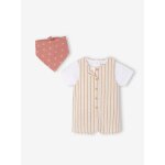 Ensemble tee - shirt + bandana + combinaison courte ray�e b�b� �cru