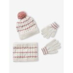 Ensemble torsad fille bonnet + snood + moufles / gants cru