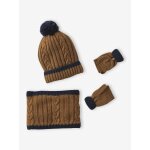 Ensemble torsad garon bonnet + snood + moufles / gants ocre