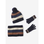 Ensemble tricolore garon bonnet + snood + moufles / gants bleu nuit