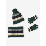 Ensemble tricolore gar�on bonnet + snood + moufles / gants vert