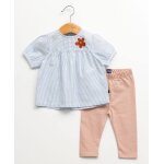 Ensemble tunique + leggings 100% coton b�b� fille fond blanc casse raye bleu