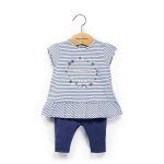 Ensemble tunique + leggings 100% coton b�b� fille fond blanc raye marine