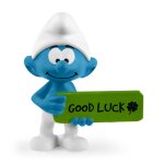 Figurine schtroumpf avec panneau good luck bleu Figurine schtroumpf avec panneau good luck bleu