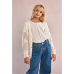 Gilet en maille ajour�e, motif fleur blanc