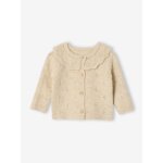 Gilet naissance en tricot maille fantaisie avec col volanté beige chiné Gilet naissance en tricot maille fantaisie avec col volanté beige chiné