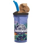 Gobelet plastique avec paille et d�cor 3d dinosaure jurassic world 360 ml bleu / vert / noir