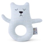 Hochet tricot� en coton bio bleu, ourson