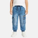 Jean cargo taille �lastique � cordon, coupe d�contract�e bleu d�lav�