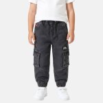 Jean cargo taille �lastique � cordon, coupe d�contract�e noir d�lav�