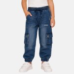 Jean coupe large, taille �lastique � cordon et poches cargo bleu used