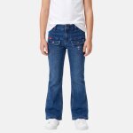 Jean coupe large, taille haute et fermeture boutonn�e bleu used