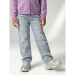 Jean fille mom brod� fleurs bleu