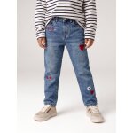 Jean fille mom brod� fleurs bleu moyen