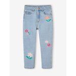 Jean mom brod fleurs fille bleu clair