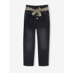 Jean style paperbag et sa ceinture fleurie fille noir