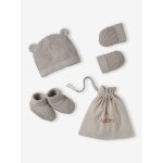 Kit naissance bonnet, moufles et chaussons et son pochon personnalisable beige chin