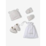 Kit naissance bonnet, moufles et chaussons et son pochon personnalisable cru