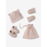 Kit naissance bonnet, moufles et chaussons et son pochon personnalisable rose