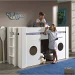 Lit cabane mi - hauteur fa�ade 2 fen�tres imitation bois henrik blanc