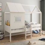 Lit cabane surlev avec sommier pin massif et imitation bois ambre blanc