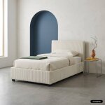 Lit coffre avec sommier � lattes et t�te de lit, l 202 x p 97, 5 x h 86cm, finition velours c�tel� (grosse ...