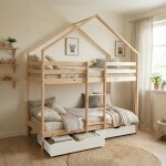 Lit enfant superpos� cabane 90 x 190 cm pin naturel sommier � lattes et tiroirs - roya blanc