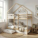 Lit enfant superpos� cabane 90 x 190 cm pin naturel sommier � lattes et tiroirs - roya blanc