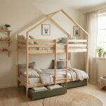 Lit enfant superpos� cabane 90 x 190 cm pin naturel sommier � lattes et tiroirs - roya vert