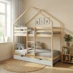 Lit enfant superpos� cabane 90 x 190 cm pin naturel avec sommier et lit tiroir - roya blanc