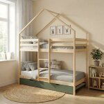 Lit enfant superpos� cabane 90 x 190 cm pin naturel avec sommier et lit tiroir - roya vert