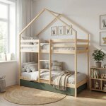 Lit enfant superpos� cabane 90 x 190 cm pin naturel avec sommier et lit tiroir - roya vert