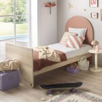 Lit junior 90x190 avec sommier et matelas - d�cor bois - t�te de lit forme arche - arche rouge / marron ...