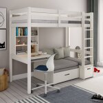 Lit mezzanine avec bureau et chauffeuse pin massif arthur blanc