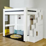 Lit mezzanine avec escalier bois massif lex blanc