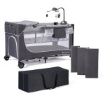 Lit parapluie multifonction avec table  langer et accessoires gris