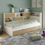 Lit  rangements et tiroir gigogne pin massif ambre blanc bois