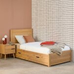 Lit avec sommier � lattes et t�te de lit + 4 tiroirs d�cor bois - nepal naturel