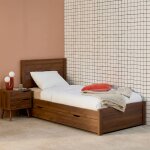 Lit avec sommier � lattes et t�te de lit 90 x 190cm + 4 tiroirs d�cor bois - nepal noyer