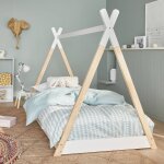 Lit tipi enfant bois de pin sommier � lattes inclus tobias - vert et blanc blanc